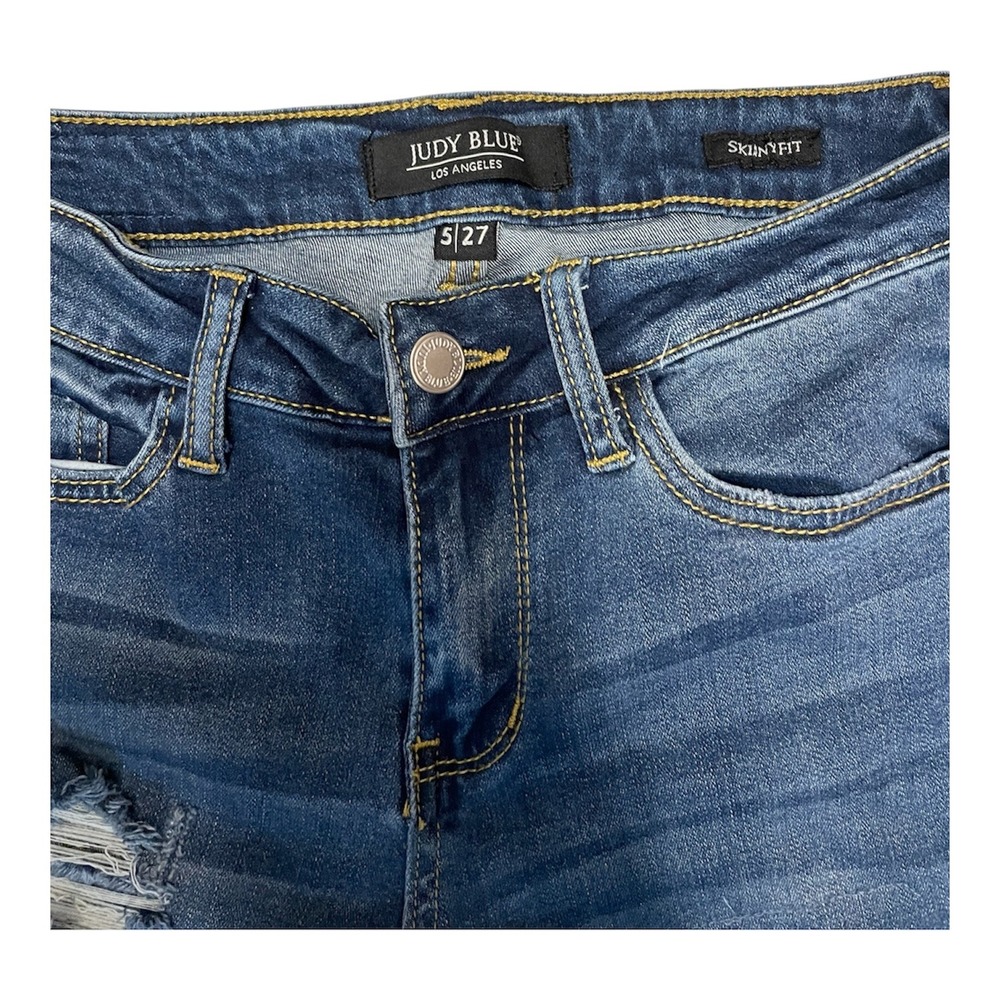 Judy Blue Serape Patch Distressed Skinny Jeans Womens 5/27 Medium Wash Denim - Picture 2 of 5